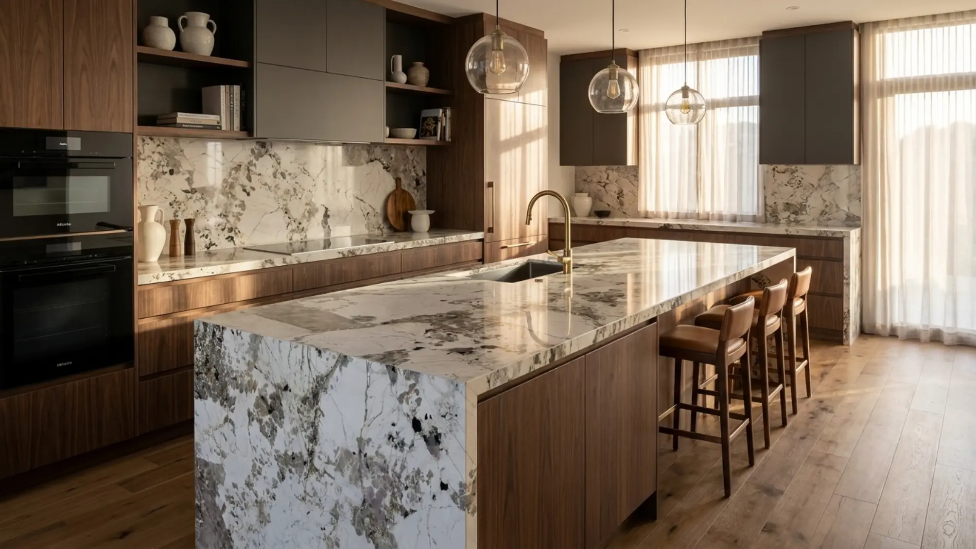 Contemporary kitchen centerpiece application with Patagonia Granite