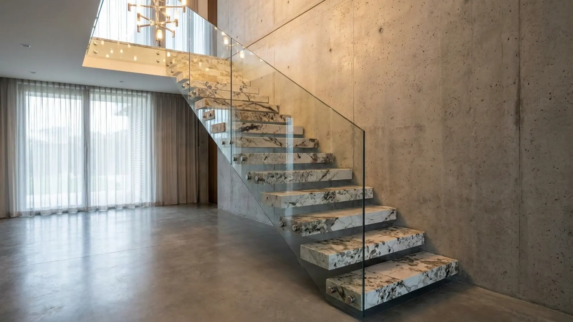 Staircase wall and floor using Patagonia Granite