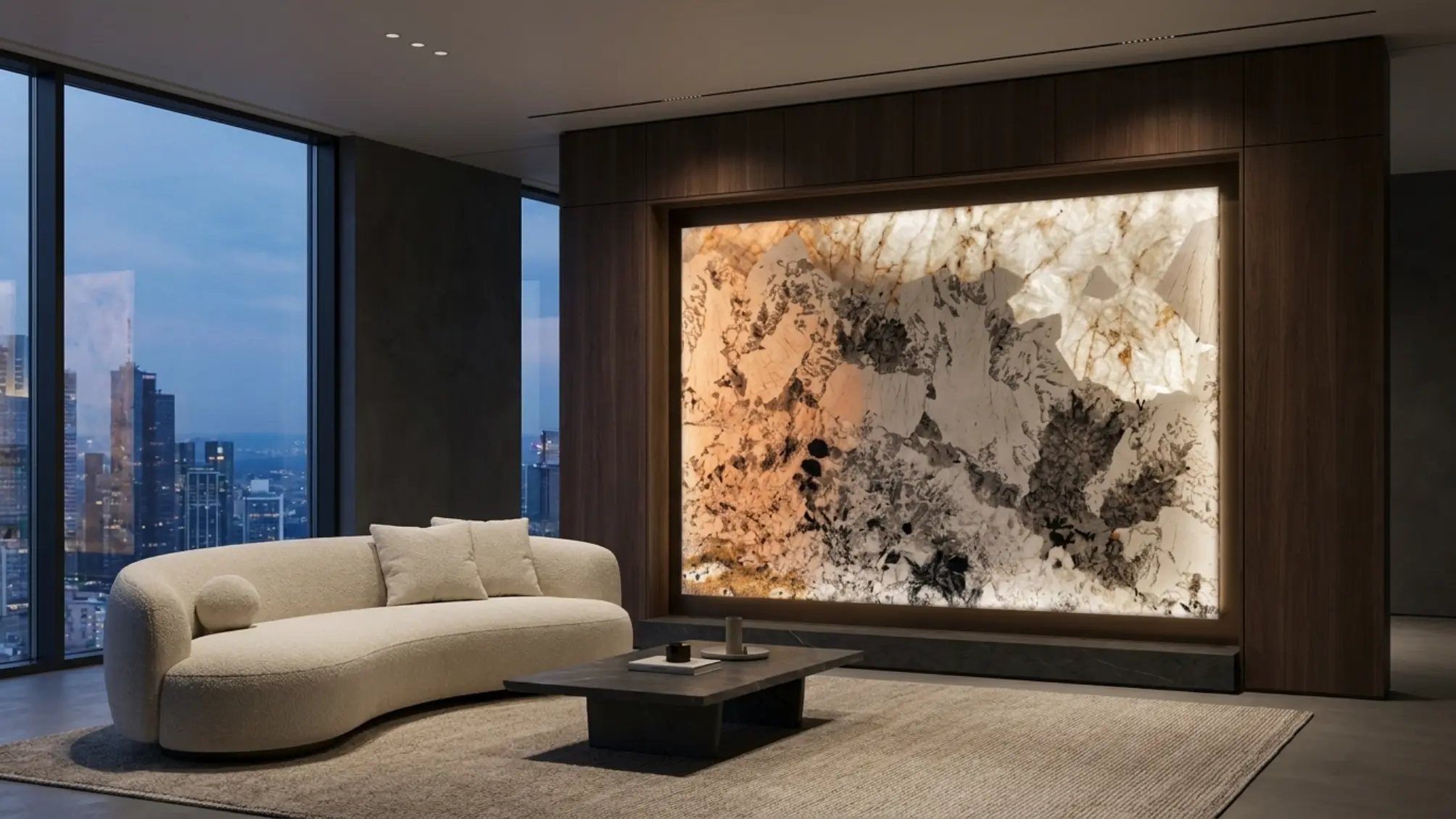 Patagonia Granite slab feature wall in luxury living room