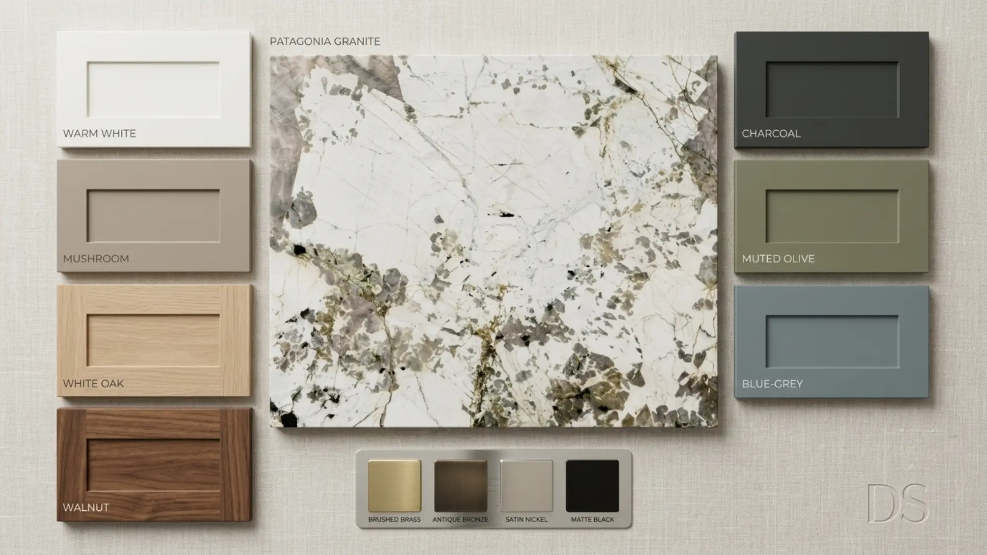 Cabinet color palette for Patagonia Granite slabs