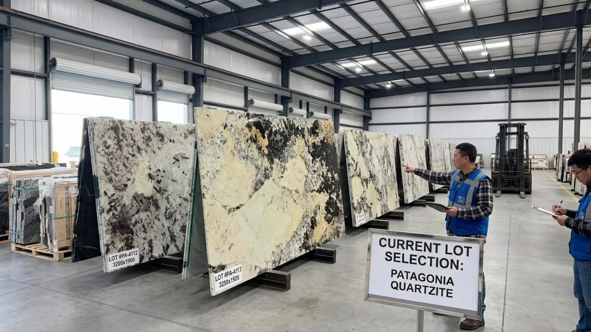 Current Patagonia Granite slab selection with lot references