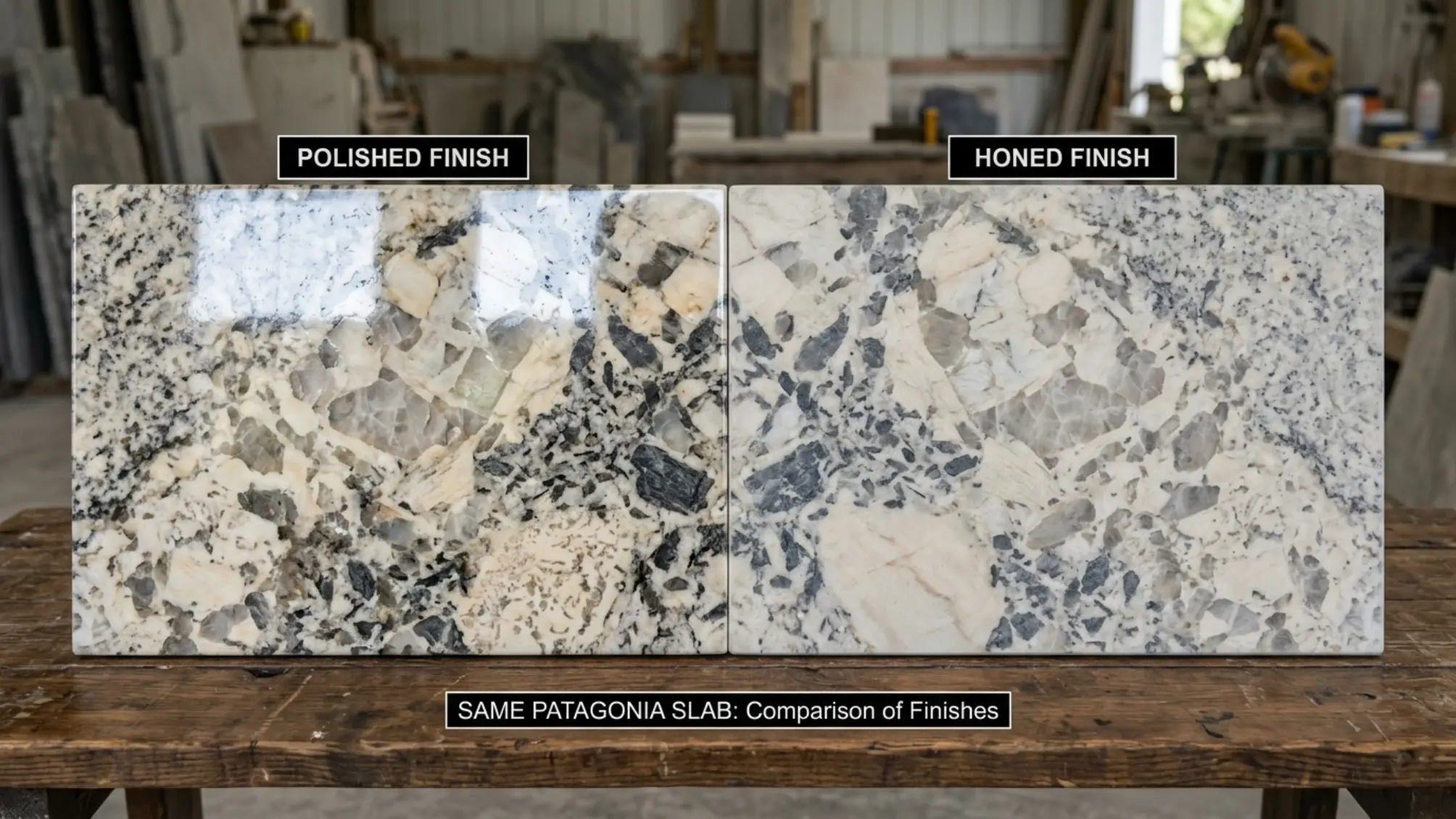 Polished and honed Patagonia Granite finish comparison